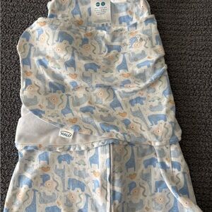 Halo SleepSack Swaddle with Blue and White Animal Design- NEWBORN size